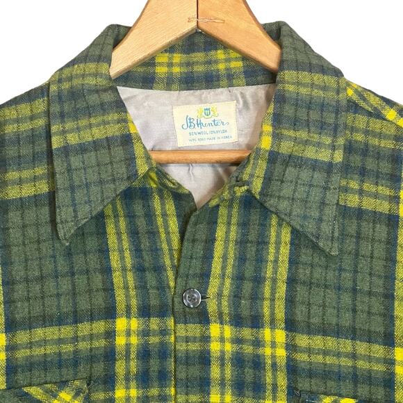 Vintage 60s JB Hunter Mens Size XL Green Yellow Wool Plaid Shirt Button Front - Picture 3 of 7